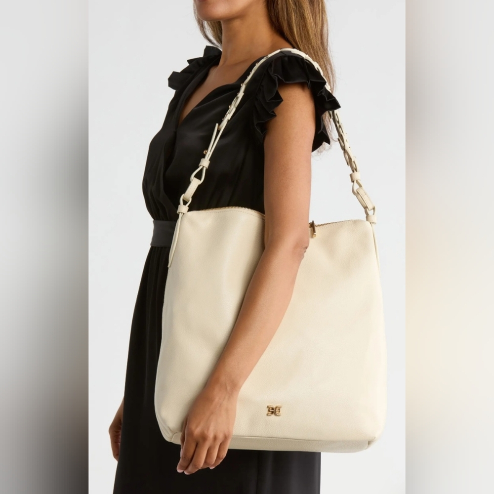 NWT Sam Edelman Bay Large Chainlink Hobo Pebble Leather Bag: Cream/Gold - Picture 2 of 15